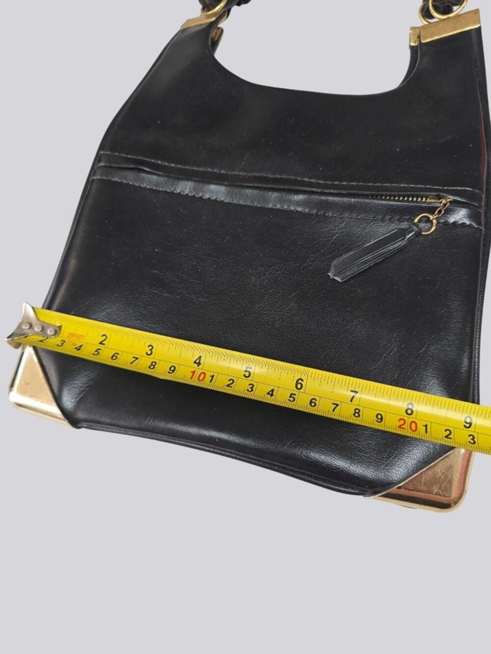 Vintage Black Leather Shoulder Bag Gold Accents & Dual Straps - Picture 15 of 15